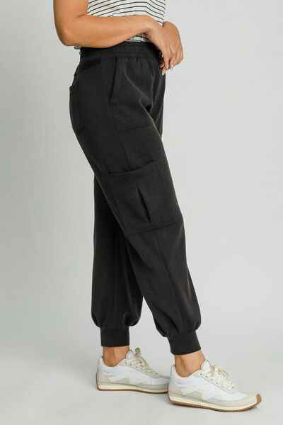 Umgee Full Size Mineral Washed Elastic Waist Cargo Pants Plus Size - Damned Threads